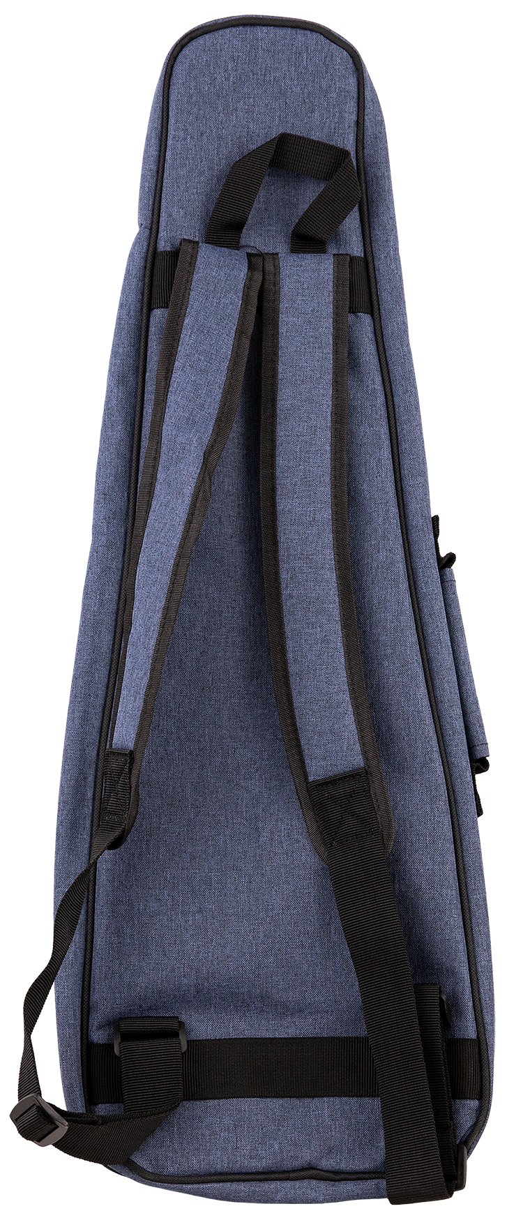 The back view of a blue ukulele gig bag with backpack straps