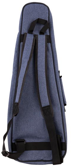 The back view of a blue ukulele gig bag with backpack straps