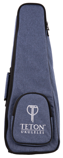 A blue ukulele gig bag with Teton Ukuleles branding