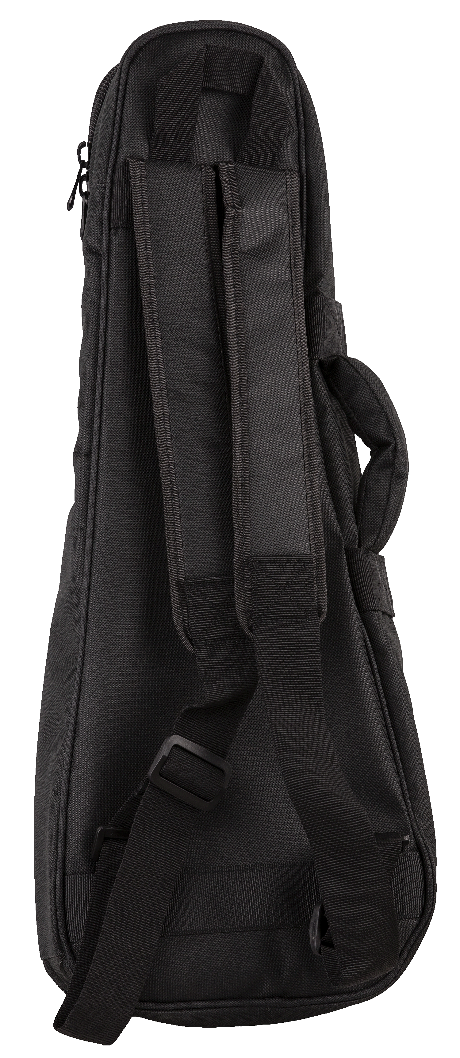 Back view of a black ukulele gig bag with backpack straps visible