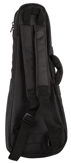 Back view of a black ukulele gig bag with backpack straps visible