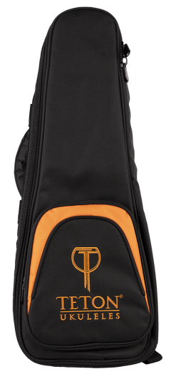 Front view of a black and orange ukulele gig bag with Teton Ukuleles branding
