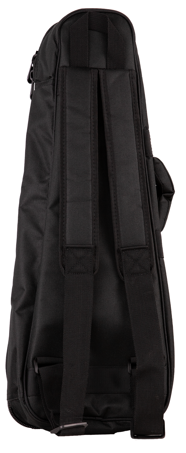 Back view of a black ukulele gig bag with backpack straps visible