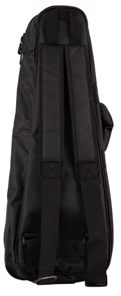 Back view of a black ukulele gig bag with backpack straps visible