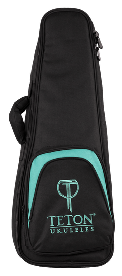 Front view of a black and teal ukulele gig bag with Teton Ukuleles branding