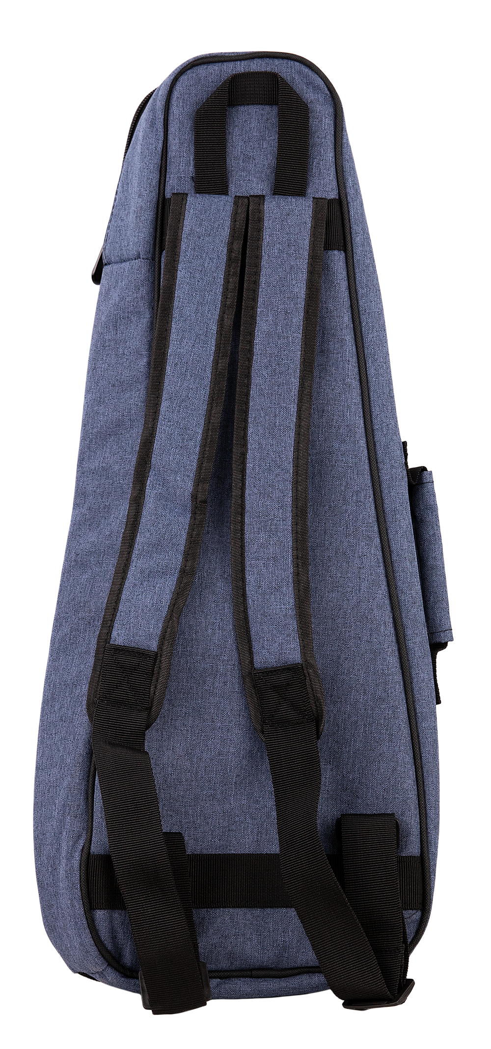 The back view of a blue ukulele gig bag with backpack straps