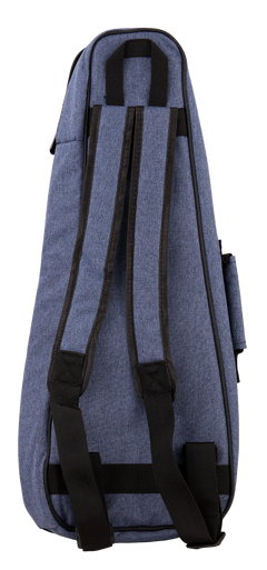 The back view of a blue ukulele gig bag with backpack straps