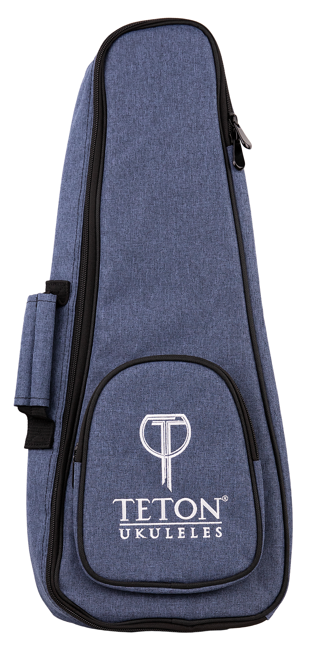 A blue ukulele gig bag with Teton Ukuleles branding