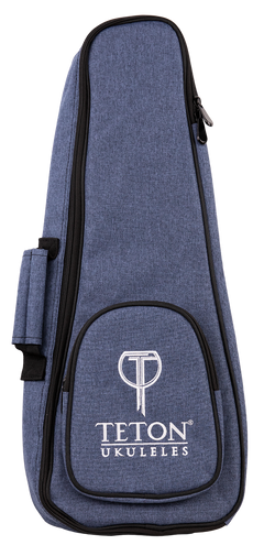 A blue ukulele gig bag with Teton Ukuleles branding