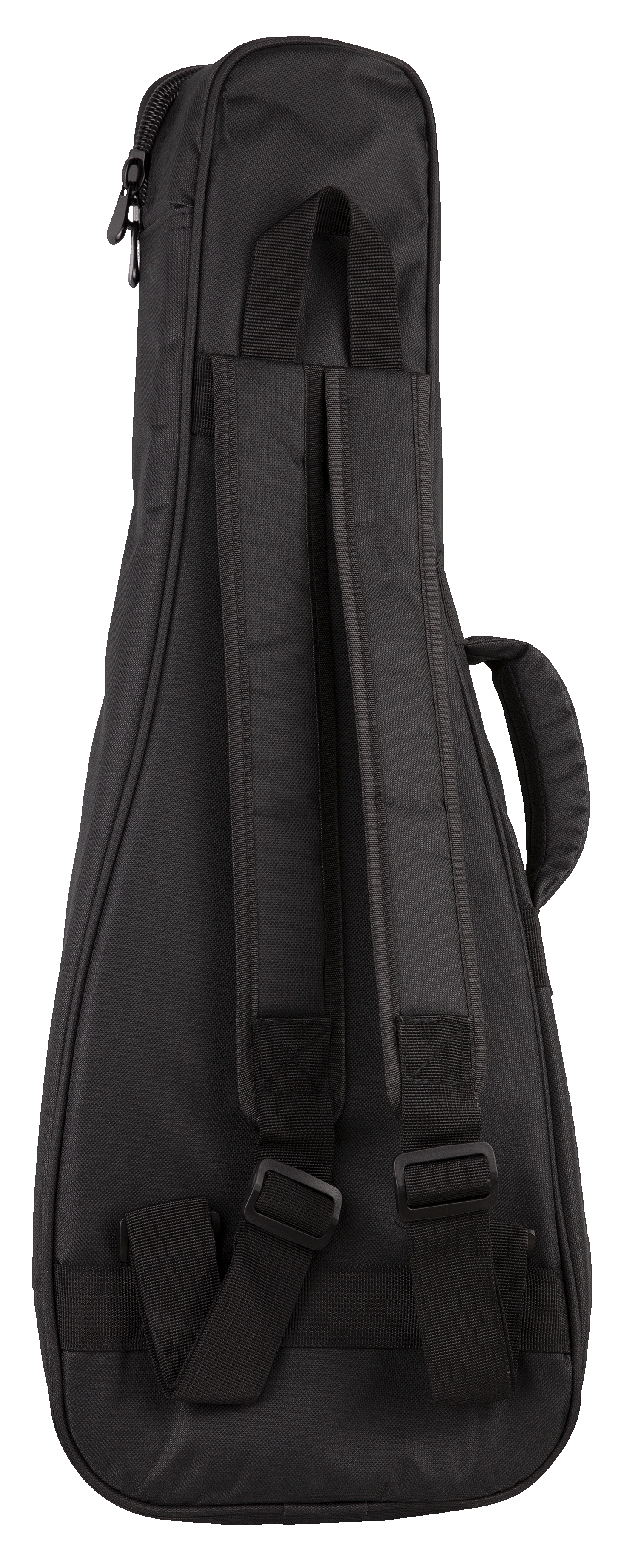 Back view of  black ukulele gig bag with backpack straps visible