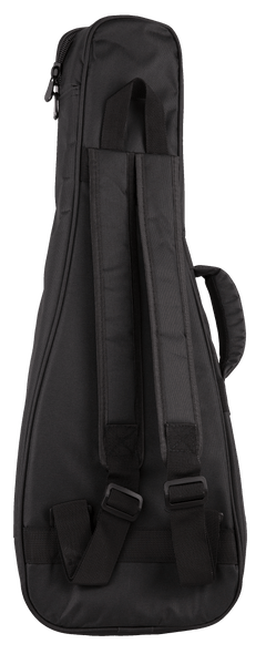 Back view of  black ukulele gig bag with backpack straps visible