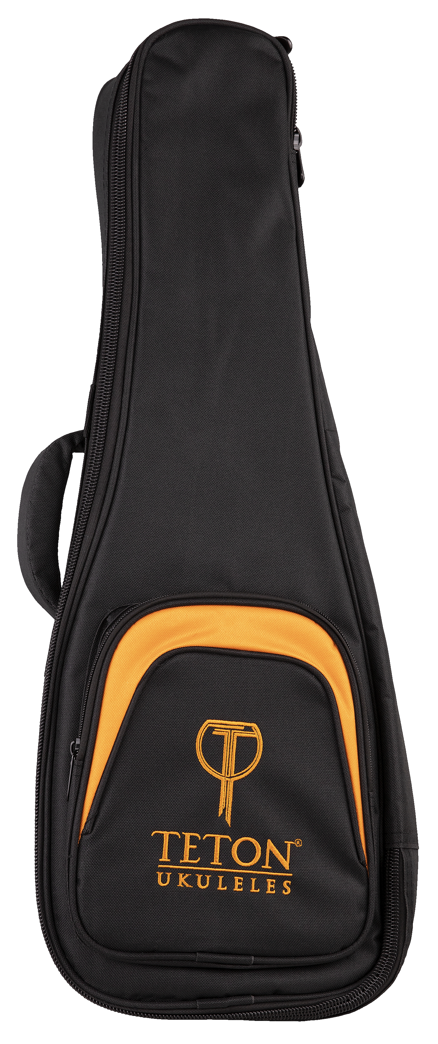 Front view of a black and orange ukulele gig bag with Teton Ukuleles branding