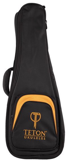 Front view of a black and orange ukulele gig bag with Teton Ukuleles branding