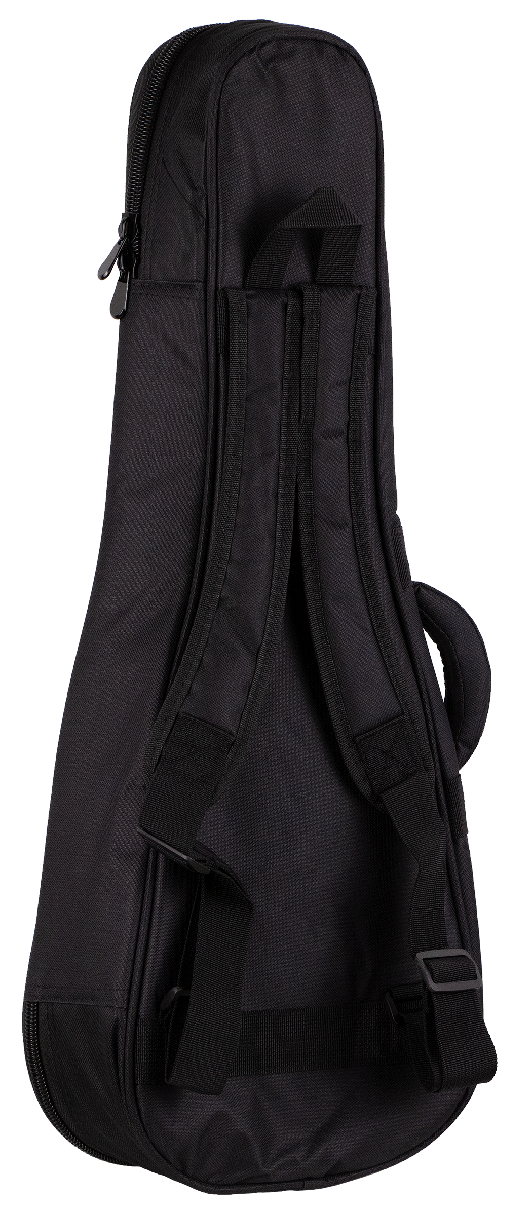 The back view of a black ukulele gig bag with backpack straps