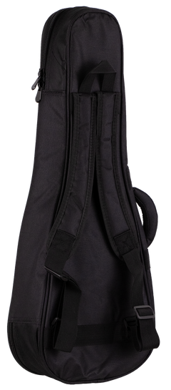 The back view of a black ukulele gig bag with backpack straps