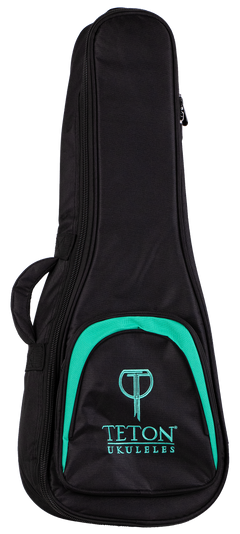 A black and teal ukulele gig bag with Teton Ukuleles branding