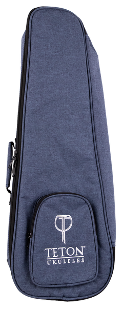 A blue ukulele gig bag with Teton Ukuleles branding