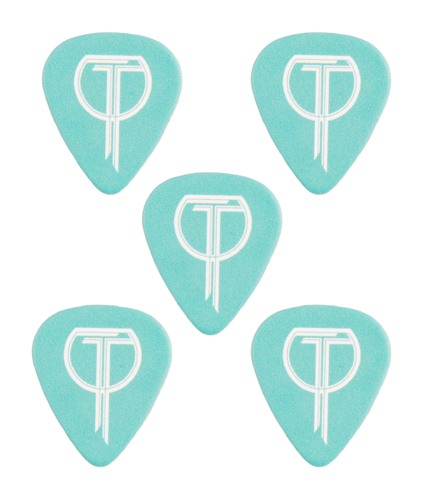 Five teal guitar picks on a white background