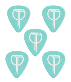 Five teal guitar picks on a white background