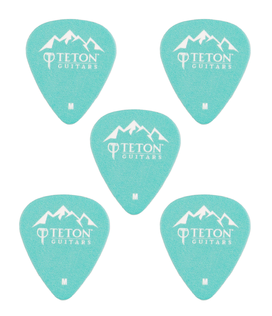 Five teal guitar picks with Teton Guitars branding on a white background