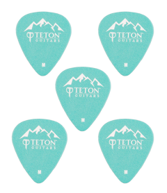 Five teal guitar picks with Teton Guitars branding on a white background