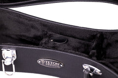 A black ukulele case with the top open and close shot of the interior storage compartment